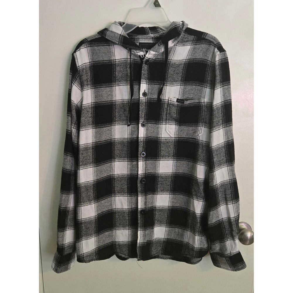Aeropostale Hooded Flannel‎ Shirt Mens Size L Black White Plaid Button Down